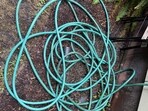  Spot the end of the garden hose that lies coiled up on the ground. 
