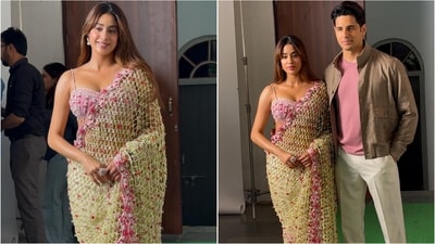 Janhvi Kapoor dazzles in floral saree for Param Sundari promotion. (Ashutosh Rai) Janhvi Kapoor dazzles in floral saree for Param Sundari promotion. (Ashutosh Rai)
