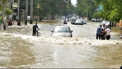A waterlogged street in Prayagraj on Friday. (Anil Kumar Maurya/HT) A waterlogged street in Prayagraj on Friday. (Anil Kumar Maurya/HT)