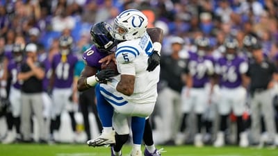 Indianapolis Colts quarterback Anthony Richardson Sr. (5) is sacked by Baltimore Ravens linebacker David Ojabo (90) (AP) Indianapolis Colts quarterback Anthony Richardson Sr. (5) is sacked by Baltimore Ravens linebacker David Ojabo (90) (AP)
