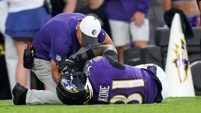 Baltimore Ravens rookie DB Bilhal Kone went down vs the Indianapolis Colts in the team's first preseason game on Thursday. (AP)