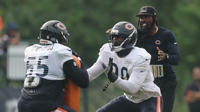 Chicago Bears' Dominique Robinson and Dayo Odeyingbo at Bears Training Camp at Halas Hall on July 28, 2025 in Lake Forest, Illinois. (Getty Images via AFP) Chicago Bears' Dominique Robinson and Dayo Odeyingbo at Bears Training Camp at Halas Hall on July 28, 2025 in Lake Forest, Illinois. (Getty Images via AFP)