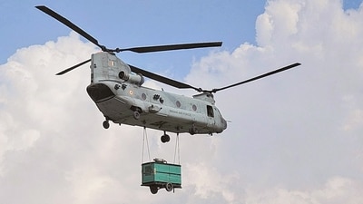 An IAF deployed Chinook helicopter on Thursday carries a 125 KV genset to Matli for the Harsil valley which was devastated after flash floods hit Uttarkashi on Tuesday. (Bipin Nautiyal/ANI) An IAF deployed Chinook helicopter on Thursday carries a 125 KV genset to Matli for the Harsil valley which was devastated after flash floods hit Uttarkashi on Tuesday. (Bipin Nautiyal/ANI)