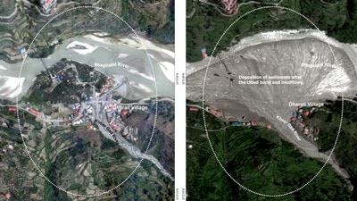 A satellite image by ISRO shows how the devastating flash floods that hit Dharali and Harsil in Uttarakhand spread debris and altered the river path. (X/@isro) A satellite image by ISRO shows how the devastating flash floods that hit Dharali and Harsil in Uttarakhand spread debris and altered the river path. (X/@isro)