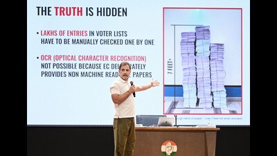 Leader of the Opposition in the Lok Sabha Rahul Gandhi has planned an extensive political programme against the voter list manipulation after he claimed on Thursday that there were 100,250 “stolen” votes in the Mahadevapura segment of Bangalore (Central) Lok Sabha constituency that helped the Bharatiya Janata Party win the seat in 2024, accusing the Election Commission of India of “colluding” with the ruling BJP. (HT Photo) Leader of the Opposition in the Lok Sabha Rahul Gandhi has planned an extensive political programme against the voter list manipulation after he claimed on Thursday that there were 100,250 “stolen” votes in the Mahadevapura segment of Bangalore (Central) Lok Sabha constituency that helped the Bharatiya Janata Party win the seat in 2024, accusing the Election Commission of India of “colluding” with the ruling BJP. (HT Photo)