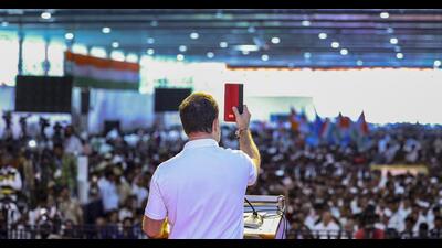 LoP in the Lok Sabha Rahul Gandhi addresses the party's 'Vote Adhikar Rally', in Bengaluru on Friday. (AICC) LoP in the Lok Sabha Rahul Gandhi addresses the party's 'Vote Adhikar Rally', in Bengaluru on Friday. (AICC)