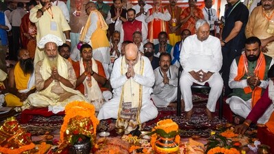 Amit Shah performed 'bhoomi pujan' and unveiled the design of the Janki Mandir for its redevelopment. (PTI) Amit Shah performed 'bhoomi pujan' and unveiled the design of the Janki Mandir for its redevelopment. (PTI)