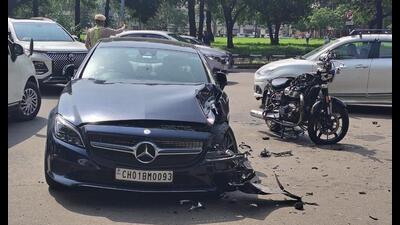 The incident took place around 10 am when Head Constable Data Ram, posted with the Chandigarh traffic police was riding his Royal Enfield Super Meteor 650 motorcycle towards the Matka Chowk. Police said a Mercedes, while taking a right turn into Sector 16, collided with his motorcycle (HT Photo)
