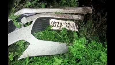 The remains of the car that was hit by a boulder before it rolled down a gorge in the Chanvas area of Churah sub division in Chamba district on Thursday night. (HT Photo)