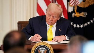 President Donald Trump signs a proclamation declaring National Purple Heart Day in the East Room of the White House (AP) President Donald Trump signs a proclamation declaring National Purple Heart Day in the East Room of the White House (AP)