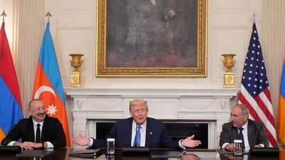 President Donald Trump, center, joined by Armenian Prime Minister Nikol Pashinyan, right, and Azerbaijan President Ilham Aliyev, speaks during a trilateral signing ceremony in the State Dining Room of the White House, Friday, Aug. 8, 2025, in Washington. (AP) President Donald Trump, center, joined by Armenian Prime Minister Nikol Pashinyan, right, and Azerbaijan President Ilham Aliyev, speaks during a trilateral signing ceremony in the State Dining Room of the White House, Friday, Aug. 8, 2025, in Washington. (AP)
