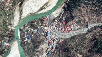 A handout satellite image taken on April 11, 2025, by Maxar Technologies shows a general view of the town of Dharali, almost four months before the deadly floods hit Uttarkashi. (Maxar Technologies / AFP) A handout satellite image taken on April 11, 2025, by Maxar Technologies shows a general view of the town of Dharali, almost four months before the deadly floods hit Uttarkashi. (Maxar Technologies / AFP)