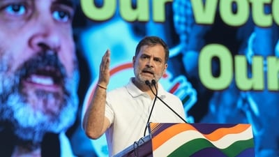 Congress leader and LoP in Lok Sabha Rahul Gandhi addresses the party's 'Vote Adhikar Rally' in Bengaluru, Friday (PTI) Congress leader and LoP in Lok Sabha Rahul Gandhi addresses the party's 'Vote Adhikar Rally' in Bengaluru, Friday (PTI)