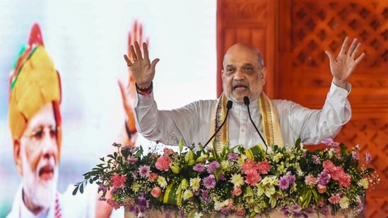 Union home minister Amit Shah addresses a public meeting, in Sitamarhi, Bihar, Friday, Aug. 8, 2025. (PTI)