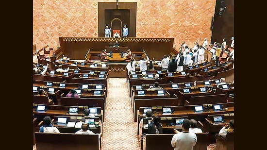 Opposition leaders on Friday protested and demanded an explanation on why their Rule 267 notices were not being admitted in the Rajya Sabha (Sansad Tv)