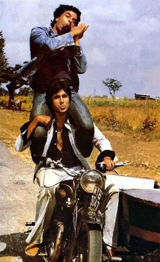 Yeh dosti...: Dharmendra and Amitabh Bachchan as Veeru and Jai. Yeh dosti...: Dharmendra and Amitabh Bachchan as Veeru and Jai.