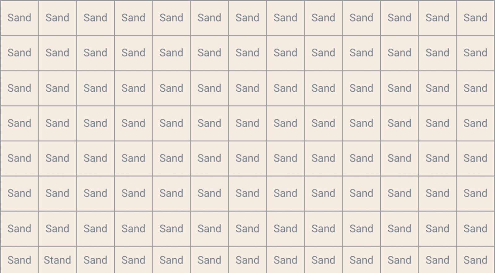 In a viral optical illusion, the word 'stand' is cleverly concealed among 'sand' in a grid. (HT Photo) In a viral optical illusion, the word 'stand' is cleverly concealed among 'sand' in a grid. (HT Photo)