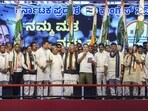 Congress president Mallikarjun Kharge, LoP in Lok Sabha Rahul Gandhi, Karnataka CM Siddaramaiah, Deputy CM DK Shivakumar, and AICC General Secretaries KC Venugopal and Randeep Singh Surjewala, along with other leaders, during the party's 'Vote Adhikar Rally', at Freedom Park in Bengaluru on Friday. (PTI PHOTO)