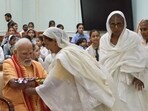 Elderly widows from Vrindavan tying rakhi to PM Narendra Modi in Delhi on Saturday. (Video grab from PM X handle)