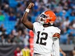 Shedeur Sanders #12 of the Cleveland Browns reacts after a touchdown during the 1st half of an NFL Preseason 2025 game against the Carolina Panthers at Bank of America Stadium on 8 August 2025, in Charlotte, North Carolina. (Photo by David Jensen / GETTY IMAGES NORTH AMERICA / Getty Images via AFP)
