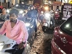 Heavy traffic jam was reported at Kad Nagar in Undri on Saturday. (HT PHOTO) Heavy traffic jam was reported at Kad Nagar in Undri on Saturday. (HT PHOTO)