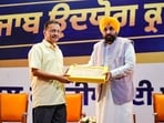Punjab CM Bhagwant Mann and AAP national convener Arvind Kejriwal during the launch of sectoral committees at MGSIPA, in Chandigarh. (PTI) Punjab CM Bhagwant Mann and AAP national convener Arvind Kejriwal during the launch of sectoral committees at MGSIPA, in Chandigarh. (PTI)
