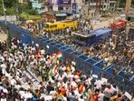 Protestors during a march to the West Bengal secretariat 'Nabanna' to mark the completion of one year of the rape and murder of a trainee doctor at RG Kar hospital. Protestors during a march to the West Bengal secretariat 'Nabanna' to mark the completion of one year of the rape and murder of a trainee doctor at RG Kar hospital.