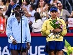 Victoria Mboko of Canada addresses the spectators following her victory against Naomi Osaka of Japan
