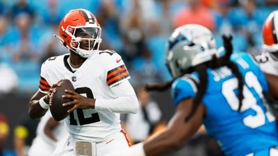 Cleveland Browns quarterback Shedeur Sanders passes against the Carolina Panthers during the first half of a preseason NFL football game on Friday, Aug. 8, 2025, in Charlotte, N.C. (AP Photo/Rusty Jones) (AP)