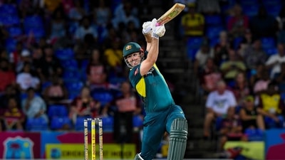 Mitchell Marsh of Australia hits 4 during the fifth and final Twenty20 (T20) international cricket match between West Indies and Australia (AFP)