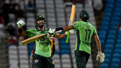 Hussain Talat (L) and Hasan Nawaz (R) of Pakistan celebrate winning the first One Day International against West Indies (AFP) Hussain Talat (L) and Hasan Nawaz (R) of Pakistan celebrate winning the first One Day International against West Indies (AFP)