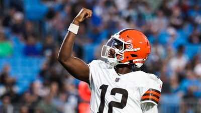 Shedeur Sanders #12 of the Cleveland Browns reacts after a touchdown during the 1st half of an NFL Preseason 2025 game against the Carolina Panthers at Bank of America Stadium on 8 August 2025, in Charlotte, North Carolina. (Photo by David Jensen / GETTY IMAGES NORTH AMERICA / Getty Images via AFP) (Getty Images via AFP) Shedeur Sanders #12 of the Cleveland Browns reacts after a touchdown during the 1st half of an NFL Preseason 2025 game against the Carolina Panthers at Bank of America Stadium on 8 August 2025, in Charlotte, North Carolina. (Photo by David Jensen / GETTY IMAGES NORTH AMERICA / Getty Images via AFP) (Getty Images via AFP)