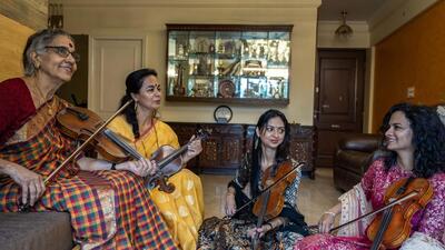 Mumbai, India - August 09, 2025: Dr. N. Rajam is an Indian violinist and her Daughter Sangeeta Shankar and Granddaughter Ragini Shankar and Nandini Shankar pose for the photos at Thane near Mumbai, India, on Saturday, August 09, 2025. (Photo by Satish Bate/ Hindustan Times) (Hindustan Times) Mumbai, India - August 09, 2025: Dr. N. Rajam is an Indian violinist and her Daughter Sangeeta Shankar and Granddaughter Ragini Shankar and Nandini Shankar pose for the photos at Thane near Mumbai, India, on Saturday, August 09, 2025. (Photo by Satish Bate/ Hindustan Times) (Hindustan Times)