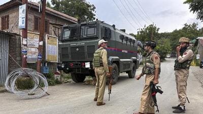 Police personnel keeping a vigil amid an ongoing encounter between security forces and terrorists in the Akhal forest in Kulgam district of Jammu and Kashmir. (PTI Photo) Police personnel keeping a vigil amid an ongoing encounter between security forces and terrorists in the Akhal forest in Kulgam district of Jammu and Kashmir. (PTI Photo)