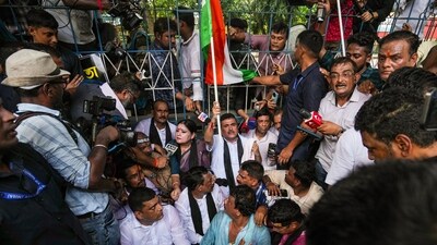 LoP in the West Bengal Assembly and BJP leader Suvendu Adhikari with party members during a protest organised to mark the completion of one year of the rape and murder of a trainee doctor at RG Kar hospital, in Kolkata. (PTI)