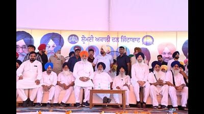 SAD president Sukhbir Singh Badal and party leaders at Baba Bakala conclave. (HT)