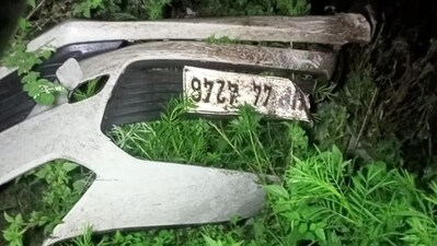 The remains of the car that was hit by a boulder before it rolled down a gorge in the Chanvas area of Churah sub division in Chamba district. (HT Photo) (HT_PRINT)