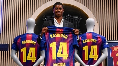 English forward Marcus Rashford who joined Barcelona on loan from Manchester United holds up his jersey (AFP) English forward Marcus Rashford who joined Barcelona on loan from Manchester United holds up his jersey (AFP)