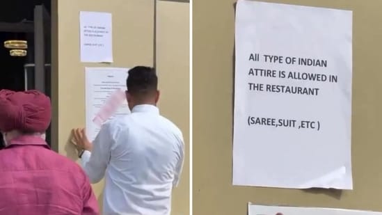 Snippets from a video showing an “All Indian attire allowed” notice. (Screengrab (X))
