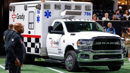 An ambulance is brought onto the field for Morice Norris #26 of the Detroit Lions in the game against Atlanta Falcons at Mercedes-Benz Stadium on August 8. (Getty Images via AFP)
