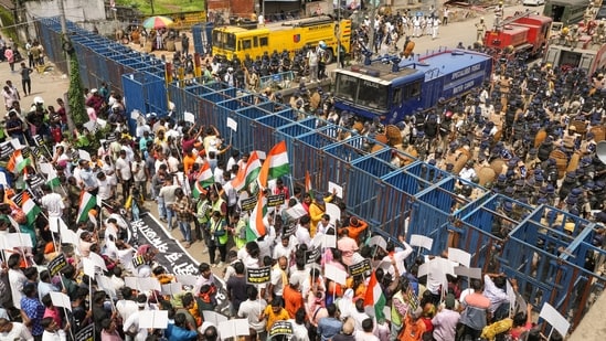 Protestors during a march to the West Bengal secretariat 'Nabanna' to mark the completion of one year of the rape and murder of a trainee doctor at RG Kar hospital. (PTI)