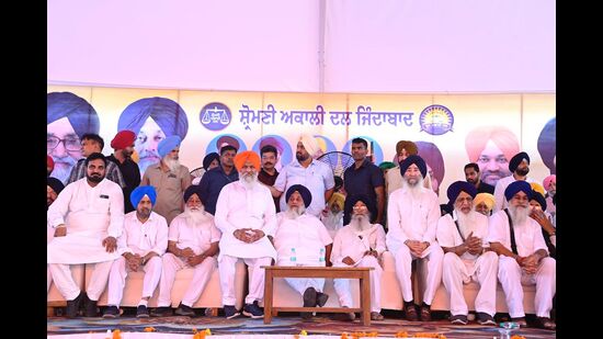 SAD president Sukhbir Singh Badal and party leaders at Baba Bakala conclave. (HT)