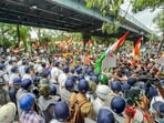 BJP workers during Nabanna Rally to protest against rape and murder of a PGT doctor in RG Kar Medical College and Hospital, in Kolkata on Saturday. BJP workers during Nabanna Rally to protest against rape and murder of a PGT doctor in RG Kar Medical College and Hospital, in Kolkata on Saturday.