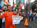 Members of Bharatiya Janata Yuva Morcha (BJYM) protest in Kolkata on Sunday (PTI Photo)(PTI)
