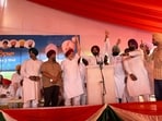 Punjab Congress president Amarinder Singh Raja Warring addressing the party’s conference at Baba Bakala, Amritsar. (HT)