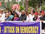 Top INDIA bloc leaders, including Congress chief Mallikarjun Kharge, Rahul Gandhi, TMC's Derek O'Brien and DMK MP Kanimozhi along with other leaders staging a protest at the Parliament against the special intensive revision (SIR) of electoral rolls in Bihar. Top INDIA bloc leaders, including Congress chief Mallikarjun Kharge, Rahul Gandhi, TMC's Derek O'Brien and DMK MP Kanimozhi along with other leaders staging a protest at the Parliament against the special intensive revision (SIR) of electoral rolls in Bihar.