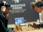 R Praggnanandhaa in action against Magnus Carlsen in Las Vegas.