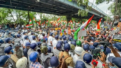 BJP workers during Nabanna Rally to protest against rape and murder of a PGT doctor in RG Kar Medical College and Hospital, in Kolkata on Saturday. (ANI) BJP workers during Nabanna Rally to protest against rape and murder of a PGT doctor in RG Kar Medical College and Hospital, in Kolkata on Saturday. (ANI)