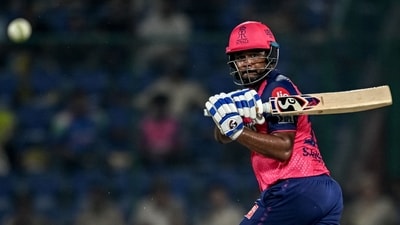 Rajasthan Royals' captain Sanju Samson watches the ball after playing a shot during the Indian Premier League (AFP)