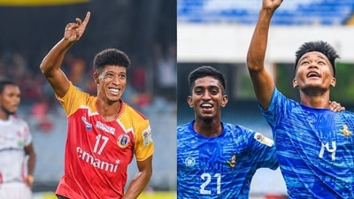 (L) Hamid Ahadad of East Bengal celebrating his goal against Namdhari FC and (R) Samuel Vanlalpeka celebrating a goal for Indian Air Force team (durandcup.in)